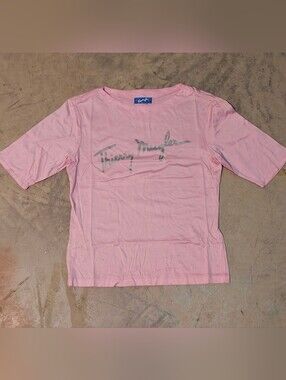 Vintage 1990s Thierry Mugler Script Logo Tee Pink Silver Metallic Y2K Medium